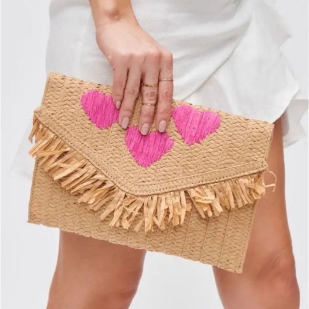 BTB Los Angeles Woven Rattan Clutch with hearts and lined interior